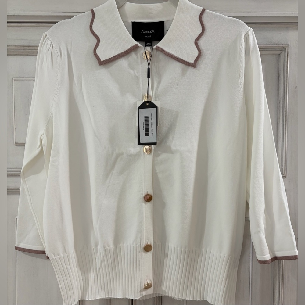 Alzza Women's White Cardigan Sweater with Brown Trim